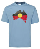 Aboriginal Flag Australia Map Distressed Look Adults T-Shirt (Light Blue)