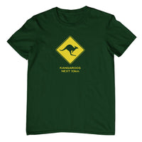 Kangaroos Next 10km Road Sign Adults T-Shirt (Bottle Green, Shortsleeve)