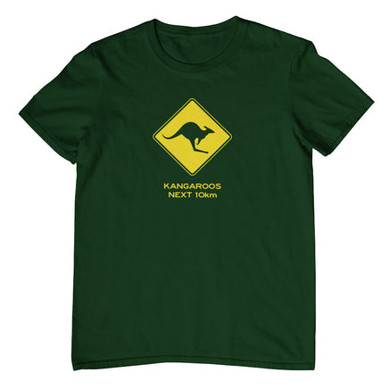 Kangaroos Next 10km Road Sign Adults T-Shirt (Bottle Green, Shortsleeve)