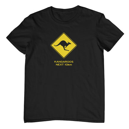 Kangaroos Next 10km Road Sign Adults T-Shirt (Black, Shortsleeve)