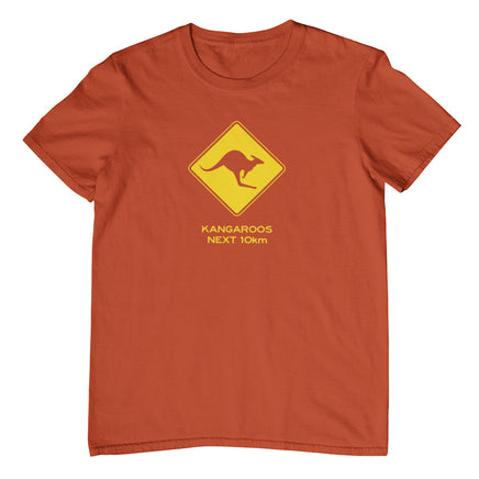Kangaroos Next 10km Road Sign Adults T-Shirt (Rust, Shortsleeve)