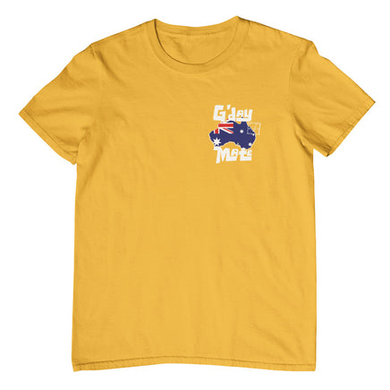 G'day Mate Stamp Left Chest Logo Adults T-Shirt (Yellow Gold, Shortsleeve)