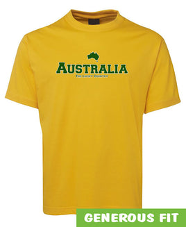 Australia The Lucky Country Adults T-Shirt (Yellow Gold, Green Print) - Generous Fit Sizing