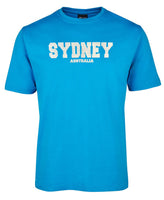 Aqua Blue t-shirt with 'SYDNEY AUSTRALIA' in puff print white text, shortsleeve.