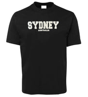 Black t-shirt with 'SYDNEY AUSTRALIA' puff print white text on it, shortsleeve.