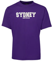 Purple t-shirt with 'SYDNEY AUSTRALIA' puff print white text, shortsleeve.