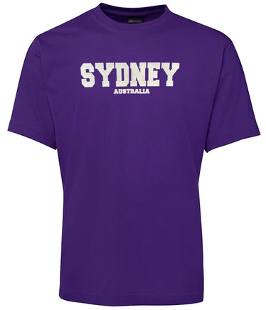 Purple t-shirt with 'SYDNEY AUSTRALIA' puff print white text, shortsleeve.