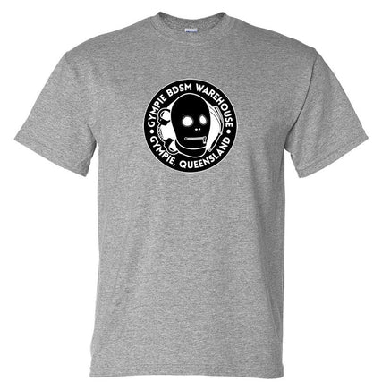 Gympie BDSM Warehouse Fake Business Logo T-Shirt (Marle Grey)