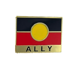 Aboriginal Flag badge with black, red, and yellow colors and 'ALLY' text on a gold background
