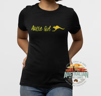 Aussie Girl Kangaroo Ladies T-Shirt (Black, Green & Gold Print) - Australian Native T-Shirts