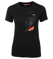Red-Tailed Black Cockatoo Ladies T-Shirt (Black, Shortsleeve, Women's Fitted Tee)
