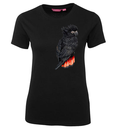 Red-Tailed Black Cockatoo Ladies T-Shirt (Black, Shortsleeve, Women's Fitted Tee)