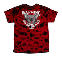 The Back of this red/black tie dye t-shirt features a snarling ferocious Australian drop bear design that says "WARNING DROP BEARS"