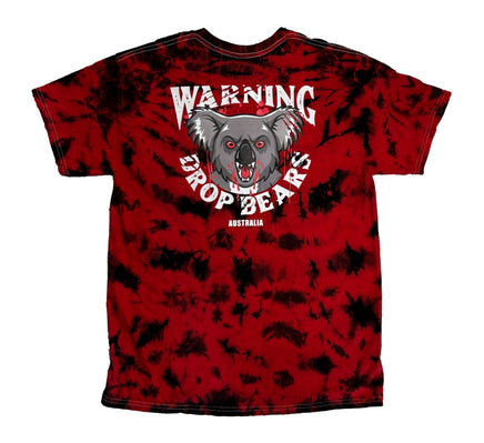 The Back of this red/black tie dye t-shirt features a snarling ferocious Australian drop bear design that says "WARNING DROP BEARS"