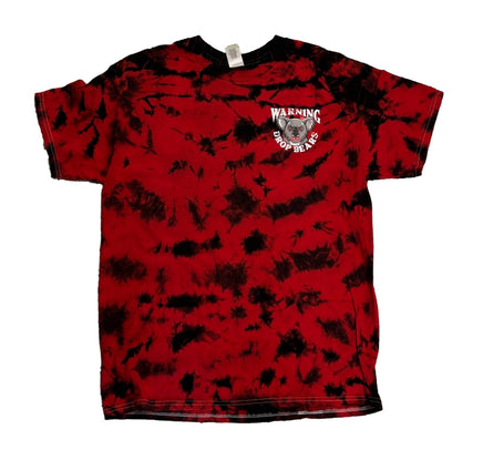 The front of this red/black tie dye t-shirt features a smaller version of our WARNING DROP BEARS logo on the left chest area.