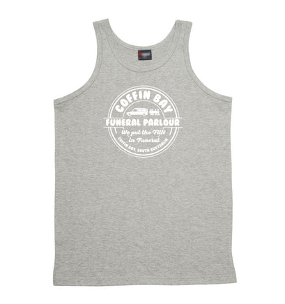 Coffin Bay Funeral Parlour Fake Business Logo Mens Singlet (Marle Grey) - Regular Sizes
