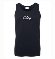 Navy Blue Coloured Singlet for Men with G'day Printed in White Writing on the Front