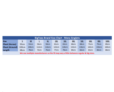 BigTees Brand Mens Singlet Chart Up to 10XL