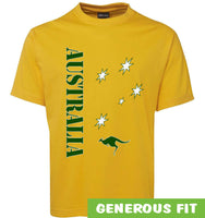 Aussie Sports Adults T-Shirt (Yellow Gold, Green Print)