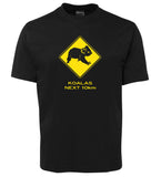 Koalas Next 10km Road Sign Adults T-Shirt (Black)