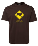Koalas Next 10km Road Sign Adults T-Shirt (Chocolate Brown)