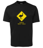 Emus Next 10km Road Sign Adults T-Shirt (Black)
