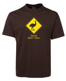 Emus Next 10km Road Sign Adults T-Shirt (Chocolate Brown)