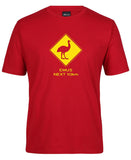 Emus Next 10km Road Sign Adults T-Shirt (Dark Red)