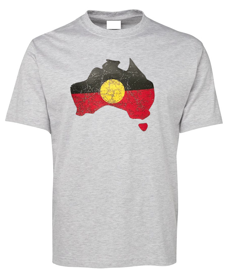 Aboriginal Flag Australia Map Distressed Look Adults T-Shirt (Snow Grey)