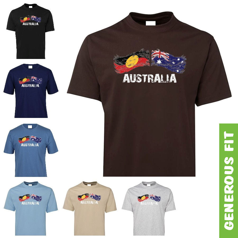 Australian & Aboriginal Flag Distressed Style Adults T-Shirt (Colour Choices)