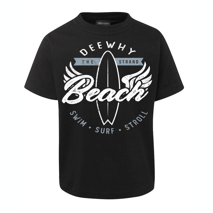 Dee Why Beach Swim Surf Stroll Childrens T-Shirt (Black, Shortsleeve)
