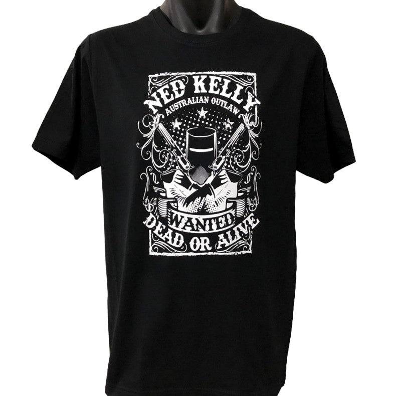 Ned Kelly Dead or Alive T-Shirt (Black with White Print)