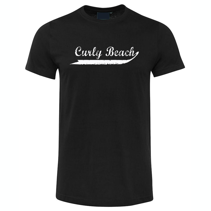 Curly Beach White Text Logo T-Shirt (Black, Shortsleeve)