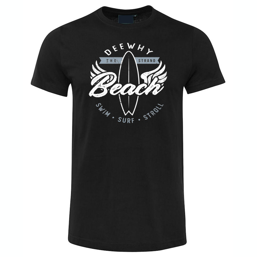 Dee Why Beach Swim Surf Stroll T-Shirt (Black, Shortsleeve)