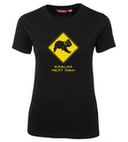 Koalas Next 10km Road Sign Ladies Tee (Black)