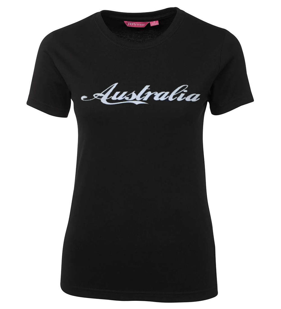 Australia Silver Ladies T-Shirt (Black, Metallic Silver Print)