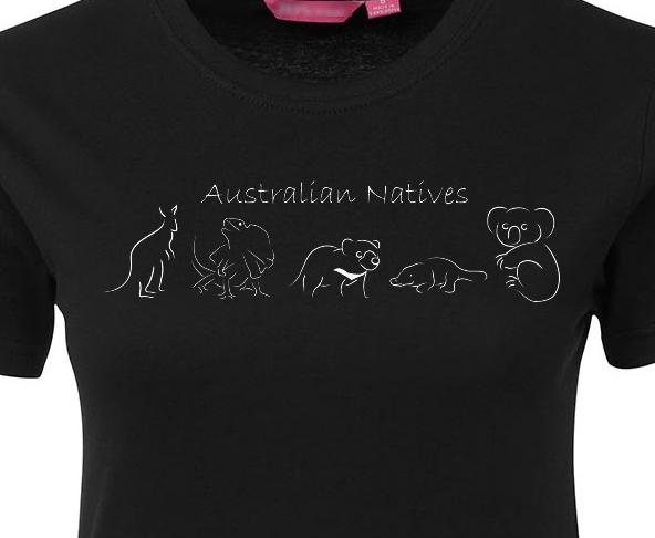 Line of Australian Animals Ladies T-Shirt (Black) - Close View