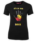 Aboriginal Flag Hand Print In Our DNA Ladies Tee (Black)