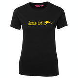 Aussie Girl Kangaroo Ladies T-Shirt (Black, Green & Gold Print)
