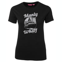 Manly Wharf Ferries Ladies T-Shirt (Black, Silver Print, Shortsleeve)