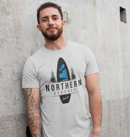 Northern Beaches Surfboard & Norfolk Pines T-Shirt (Grey Marle, Shortsleeve) - Model Mockup