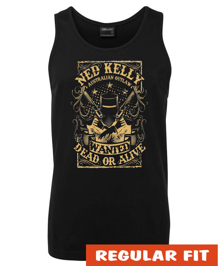Ned Kelly Dead or Alive Mens Singlet (Black with Vegas Gold Print)
