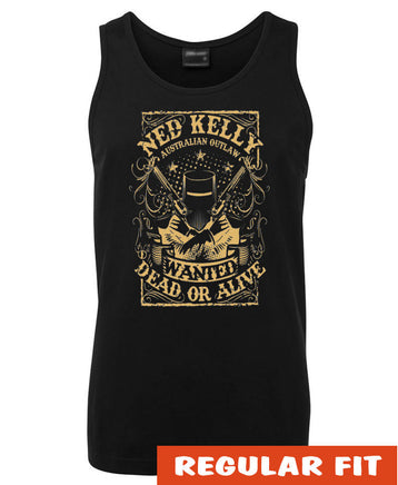 Ned Kelly Dead or Alive Mens Singlet (Black with Vegas Gold Print)
