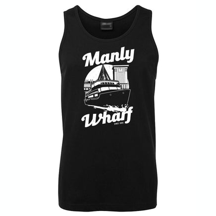 Manly Wharf Ferries Mens Singlet (Black Colour, White Print)