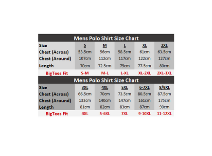 Men's Polo Shirt Size Chart